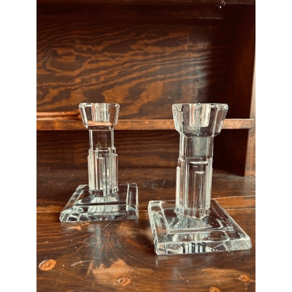 Vintage Art Deco Skyscraper Clear Glass Heavy Candlestick Holders Pair 6" Square